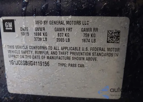 2016 Chevrolet Sonic Lt Auto z USA, uszkodzony, nr VIN 1G1JC6SB9G4119156